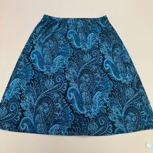 Slinky Brand Paisley Skirt Elastic Waist A-Line Midi Casual Blue Black 1X Plus